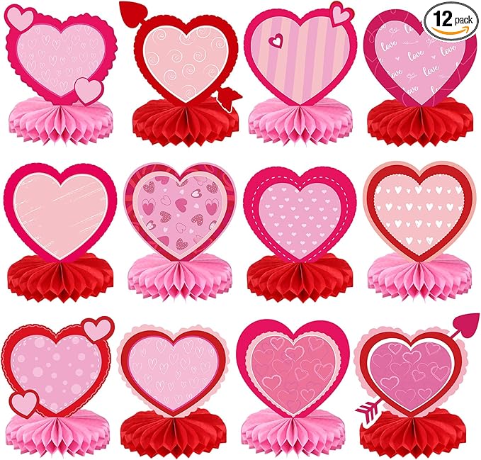 Containlol 12 Pcs Valentine's Day Honeycomb Centerpieces Valentines Table Decorations 3D Paper Red Pink Heart Valentine Ta...