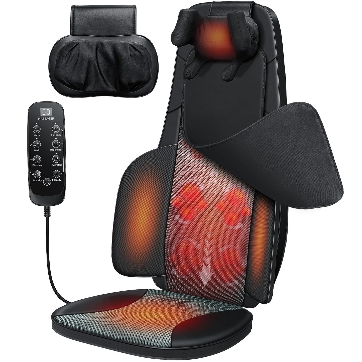 Shiatsu Neck and Back Massager for Chair with Heat, 2 Interchangeable Attachments Full Back Massage Pad Deep Tissue, Adjustable Height 3-Level Intensity for Office Home, Masajeador de Espalda, Black