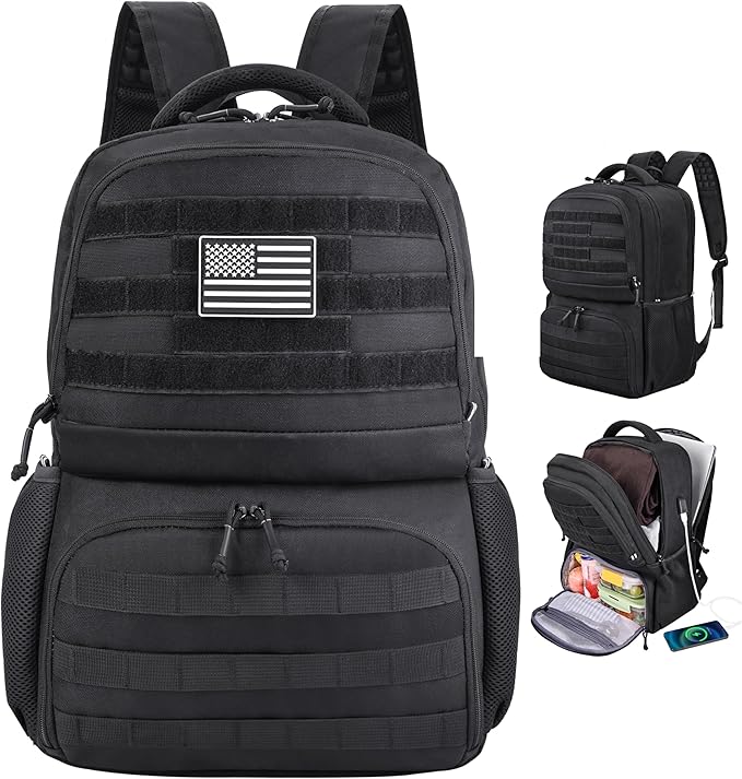 MOZETO Laptop Lunch Backpack for Men, Tactical Inspired Utility Anti-Theft Work Bag with Cooler Compartment Lunchbox (Blac...