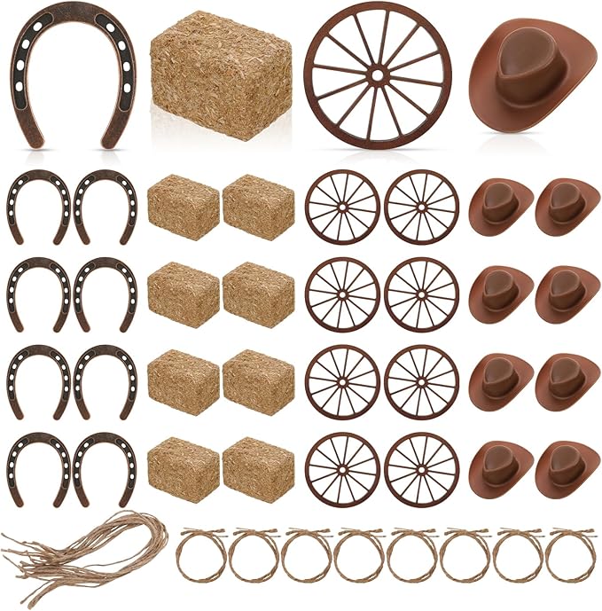 Ovveroche 40 Pcs Western Party Centerpieces for Table Mini Cowboy Hats Mini Horseshoes Wagon Wheels Hay Bales Twisted Hemp...