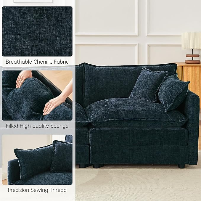 saows Modular Sectional Sofa, 112.2 Inch U Shaped Couch Set with Armrests, 3-Seater Comfy Cloud Couches with Movable Ottoman for Living Room Apartment, Blue
