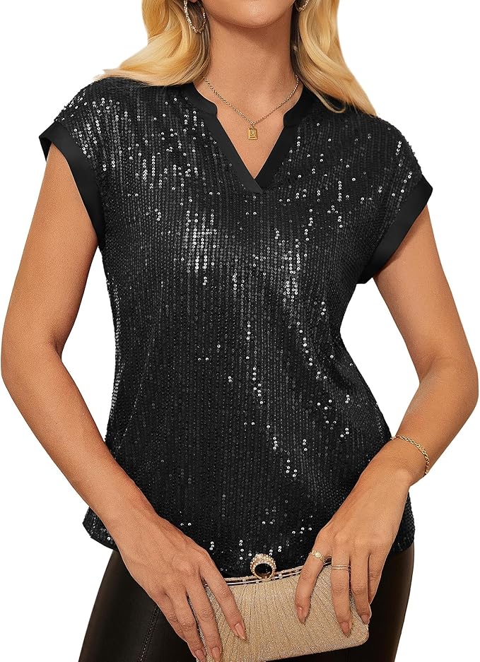 GRACE KARIN Women's Sequin Sparkly Tops Cap Sleeve Dressy Blouses Glitter Party Tops V Neck Disco Shirts Club Concert Outfits