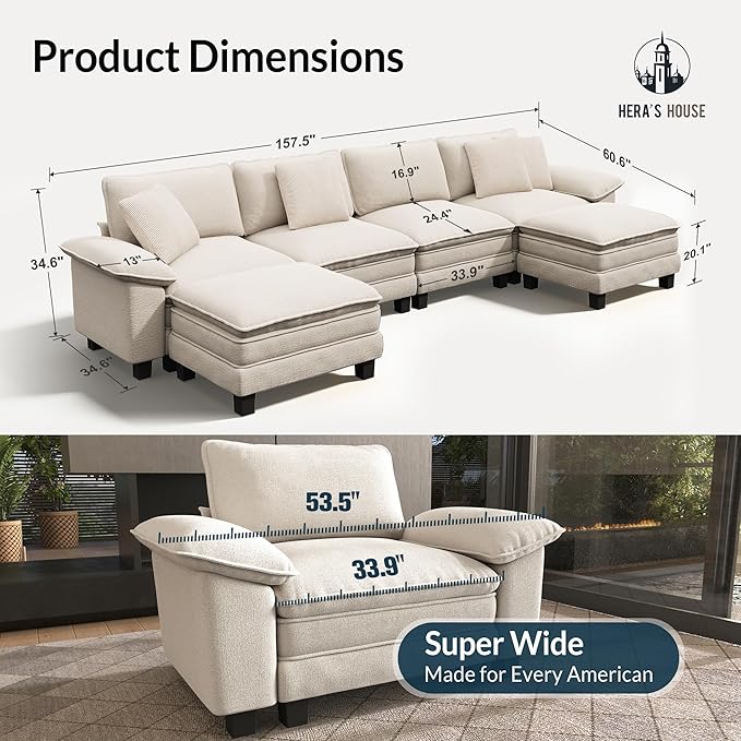 HERA'S HOUSE 158" Modular Sectional Sofa, Oversized U Shaped Couches for Living Room, Comfy Cloud Couch with Ottoman, 6-Seater Deep Seat Sofa with Throw Pillow, Chenille Beige