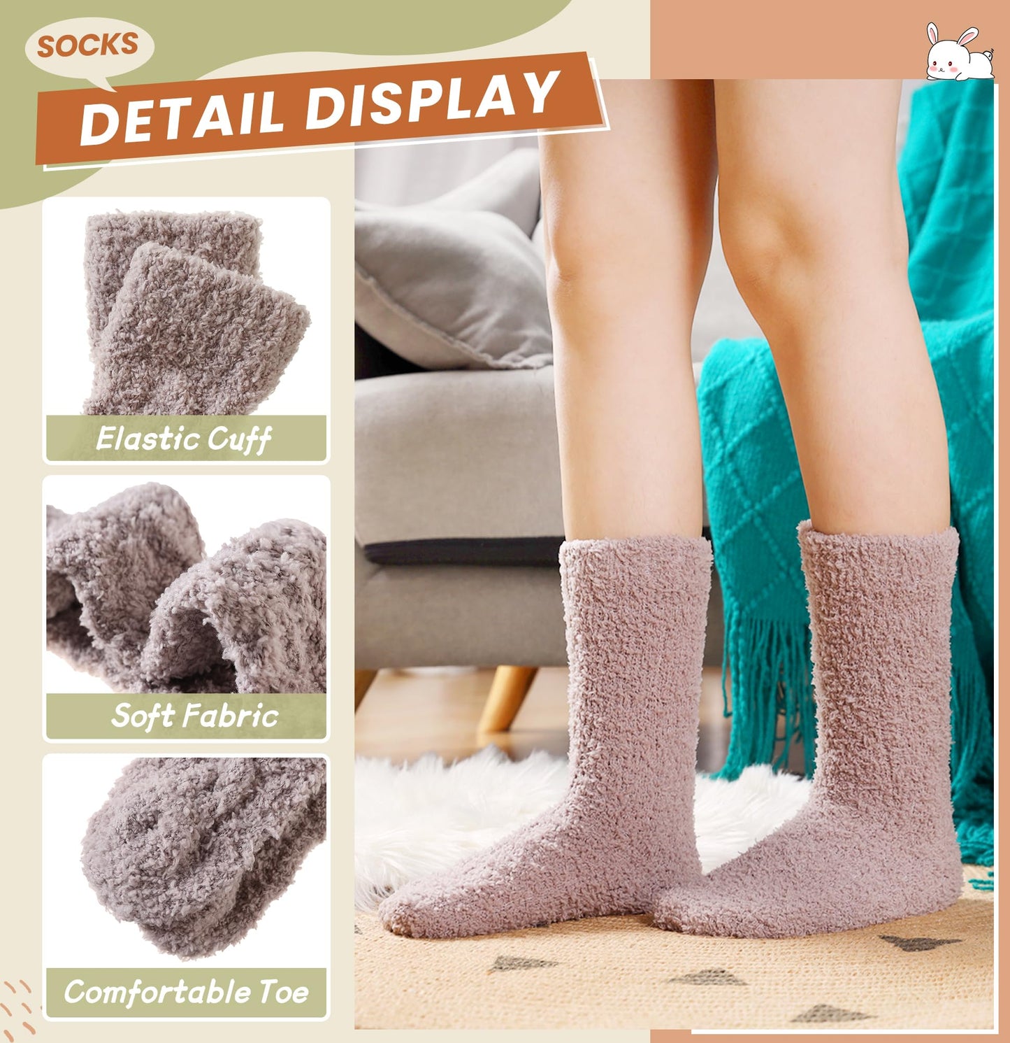 Velice Womens Fuzzy Socks Soft Cozy Fluffy Slipper Socks Winter Warm Plush Sleeping Christmas Socks 5 Pairs(Black/Grey/Blue)