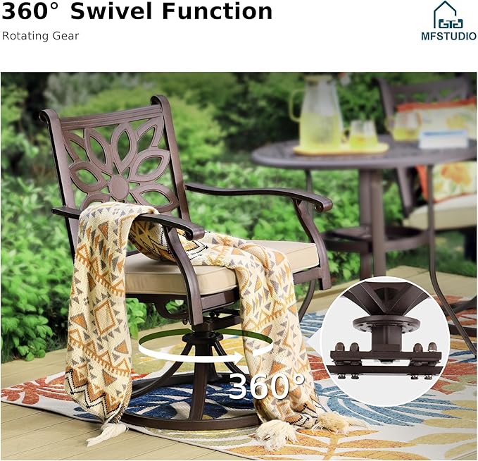 MFSTUDIO Outdoor Dining Chairs Set of 2, Cast Aluminum Patio Swivel Chairs with Wide Seat and 2.8’’ Cushion, Brown Metal Outdoor Swivel Chair Set, Backyard, Deck, 350lbs