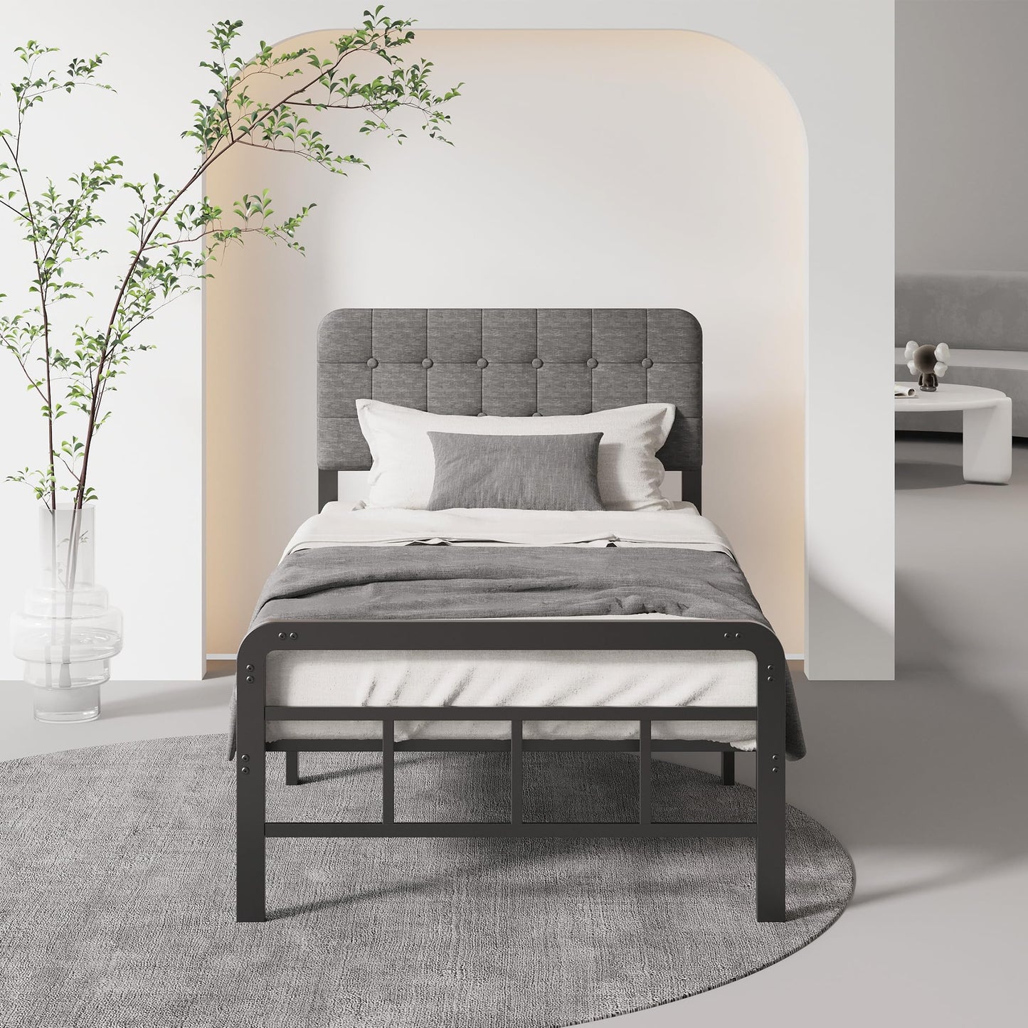 Lutown-Teen 12 Inch Twin XL Bed Frames with Upholstered Headboard and Metal Footboard, No Box Spring Needed, Heavy Duty XL Twin Metal Mattress Foundation, Noise Free, Easy Assembly