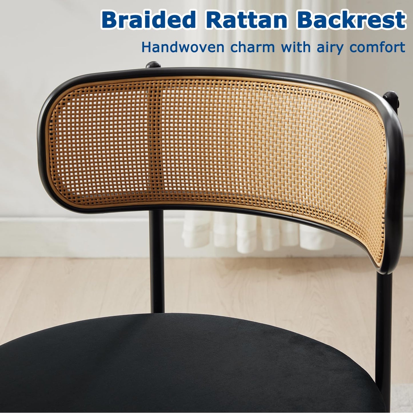 Rattan Dining Chairs Set of 4, Mid-Century Modern Chair with Boucle, Kitchen Dining Room Chairs for Living Room with Metal Legs, Round Upholstered Sherpa Chair with Rattan Backrest for Home, Black