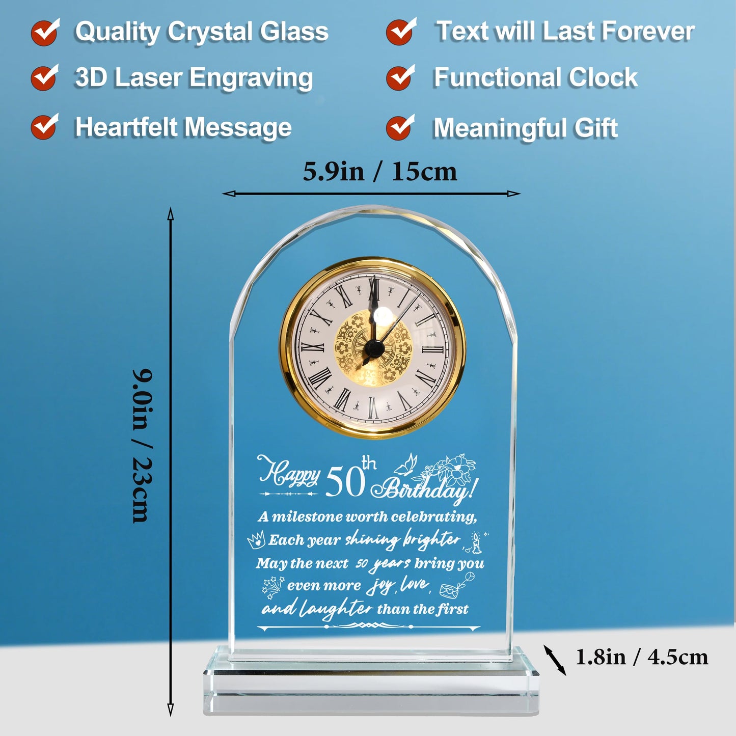 QIANCHANG 50th Birthday Gift for Men and Women, Crystal Roman Numerals Decorated Quartz Clock, for 50 Year Old Women, 50th Birthday Gift for Men