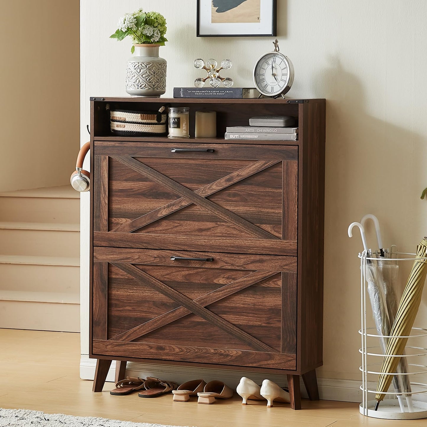 Joaxswe Shoe Storage Cabinet with 2 Flip Drawers, Farmhouse Shoes Organizer for Entryway, Narrow Hidden Shoe Rack with Legs & Open Storage, Freestanding Shoe Closet for Foyer, Hallway, Brown Walnut