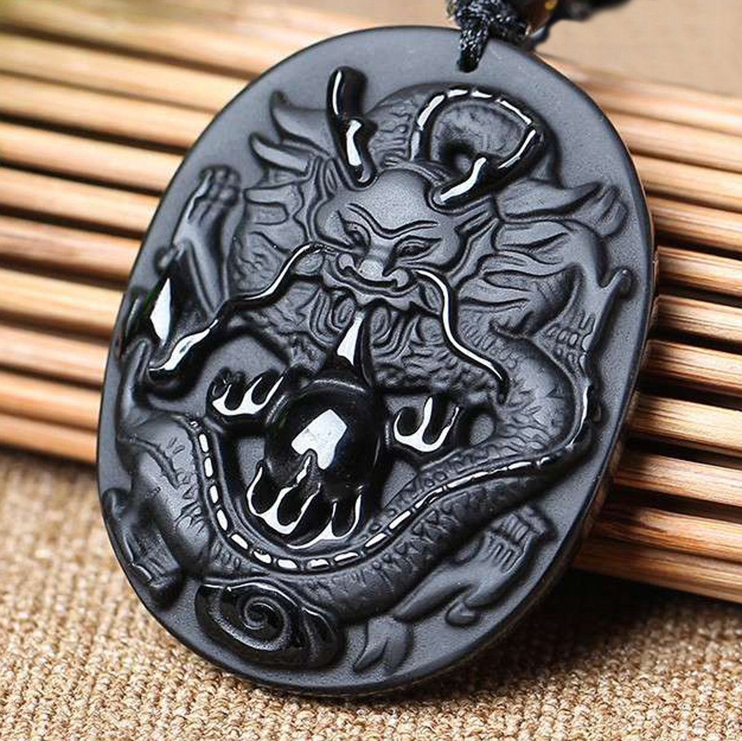 Bella Jade Chinese Zodiac Necklace Pendant Amulet Talisman Made of Obsidian (Dragon - Dignity)