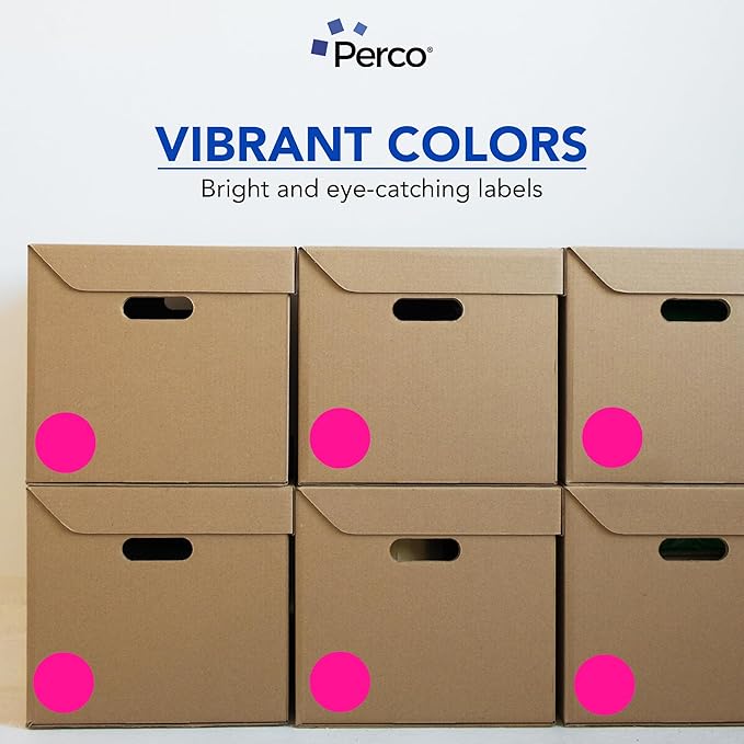 Perco Fluorescent Pink 3-Inch Perforated Circle Dot Sticker Labels — 10 Rolls, 5,000 Round Stickers — with Permanent Adhesive for Moving Boxes, Sale Signage, Displays, Status Messaging—Made in USA
