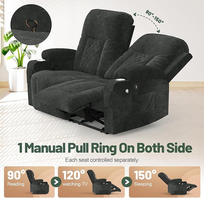 FURNIMAT Loveseat Recliner Sofa, 2 Seater Reclining Loveseat Sofa, Fabric Loveseat Couch, Modern Recliner Chair for Living Room, with Cup Holder and 2 Cell Phone Holders, USB Ports, Grey