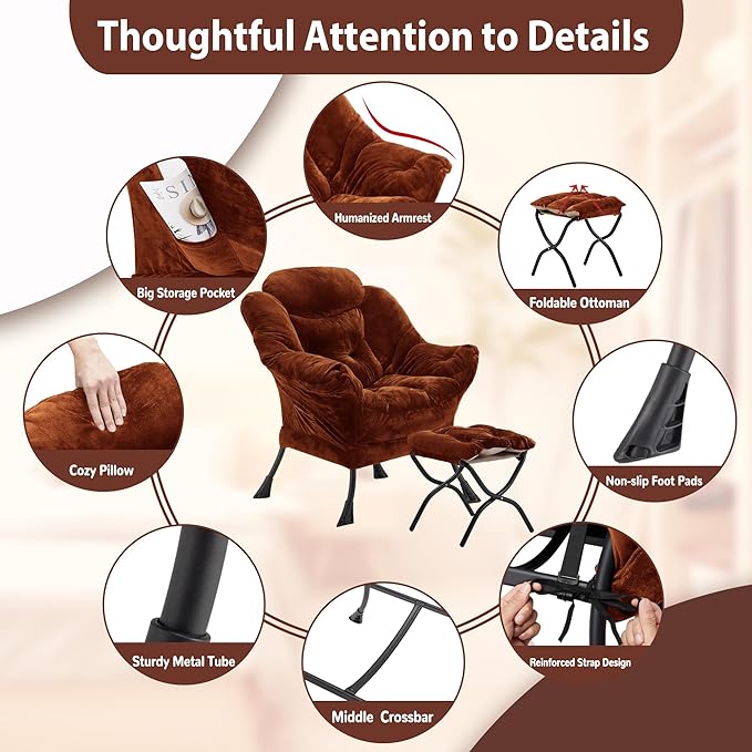 Youtanic Lazy Chair with Folding Ottoman, Accent Chair Plush Upholstered with Metal Structure and Non-Slip Pads, Sofa Armchair with Footrest and Side Storage Bag for Dorm, Room, Office, Brown