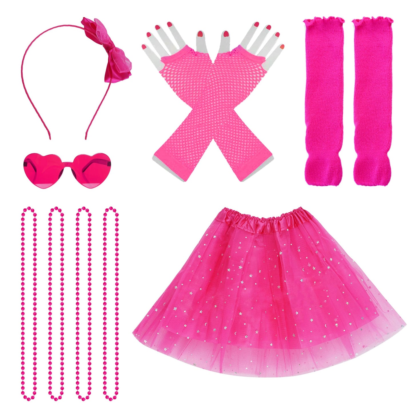 Miayon 80s Costume Accessories 90s Neon Tutu Outfit 80s 90s Theme Neon Party Fancy Cosplay Outfit (Rose red)