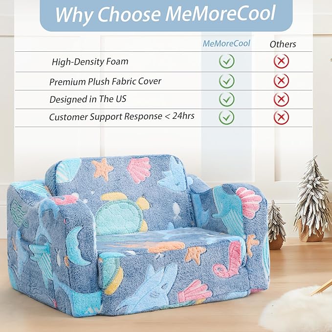 MeMoreCool Folding Toddler Chair, Glow-in-The-Dark Soft Plush Kids Fold-Out Couch Sofa, Comfy Baby Recliner for Girls and Boys (Denim Mermaid)