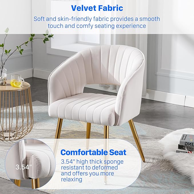KCC Modern Velvet Dining Chairs Set of 4, Cream, Hollow Back, Tufted Kitchen Chairs Side Chairs with Gold Metal Legs for Living Room