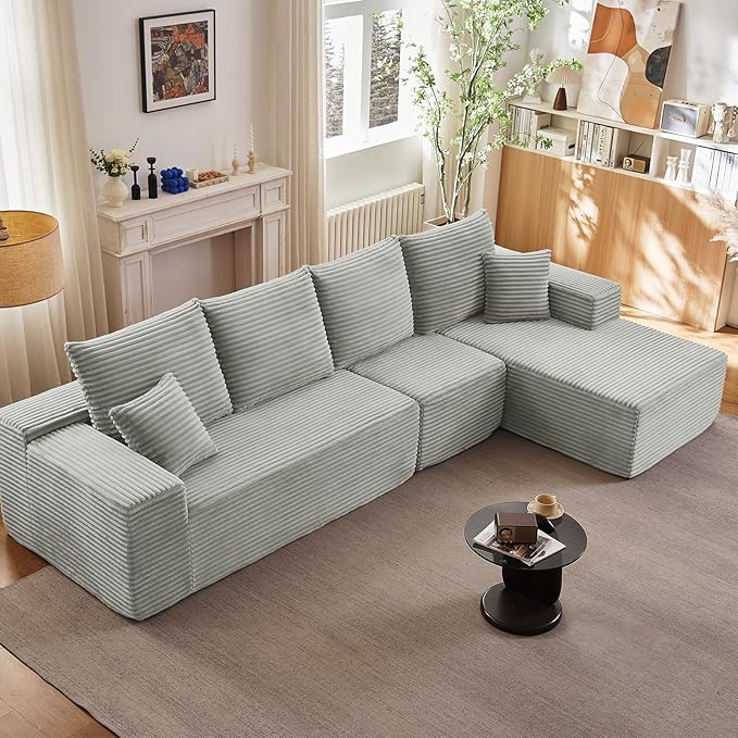 135.4" Cloud Sectional Couch with L-Shape Chaise, Modern Corduroy Boneless Couch for Living Room,Memory Foam Sofa with Deep Seat,No Assembly Required (Grey,Right-Facing Chaise)