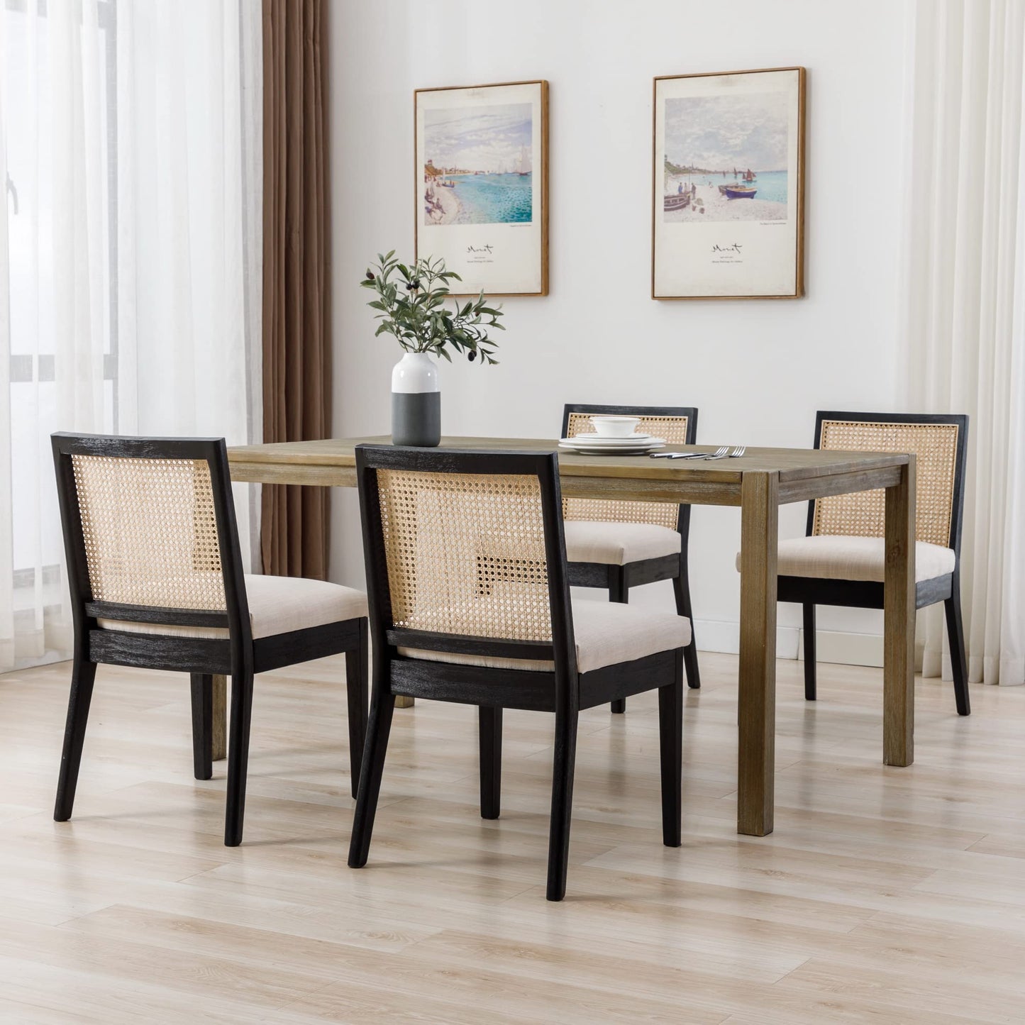 BESTANO Farmhouse Rattan Dining Chairs Set of 2 Black Wooden Dining Room Chairs Rectangle Cane Country Kitchen Chairs Upholstered Dining Chairs, Cream Linen