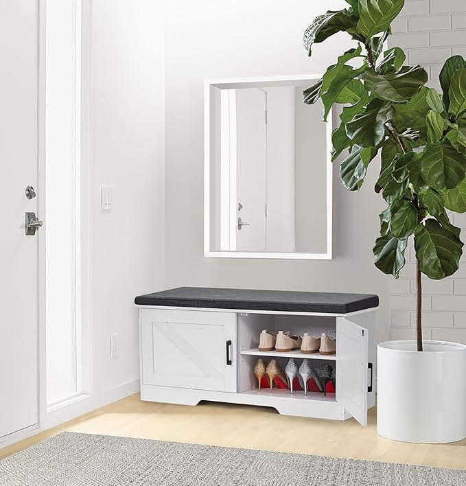 HOMSHO 2-Tier Storage Bench, 39.4" Wide Shoe Bench with Padded Seat Cushion, Entryway Bench with 2 Barn Doors and Adjustable Shelf, White