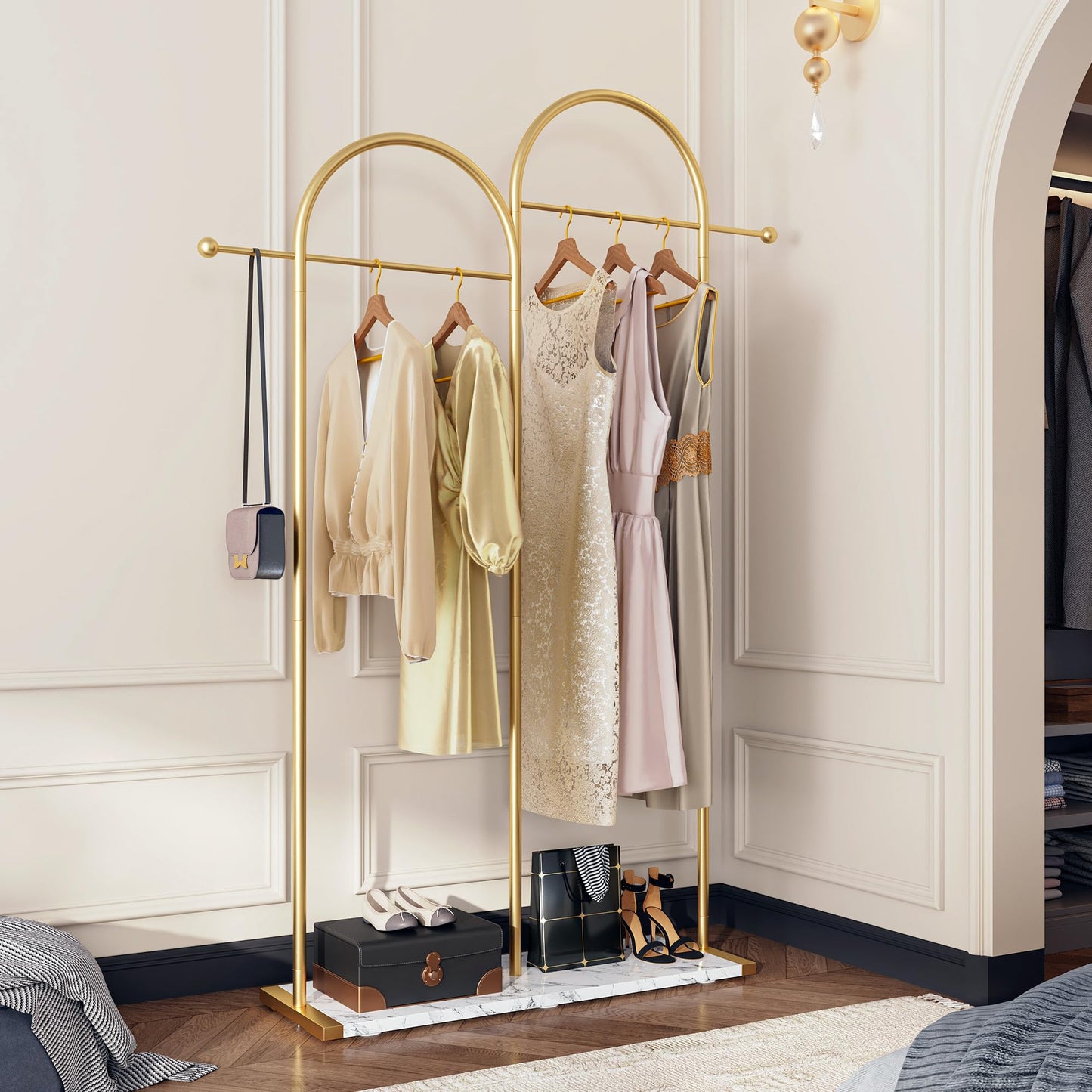 Raybee 76.7" H Gold Clothing Rack, Modern Coat Rack with Shelf, Metal Clothes Rack for Boutiques, Entryway, Living Room, Bedroom