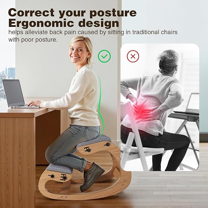 TinyHaven Ergonomic Kneeling Chair with Wooden Frame - Adjustable Height Office Chair with Soft Padding for Back Pain Relief, Posture Correcting Home & Office Desk Chair Wood