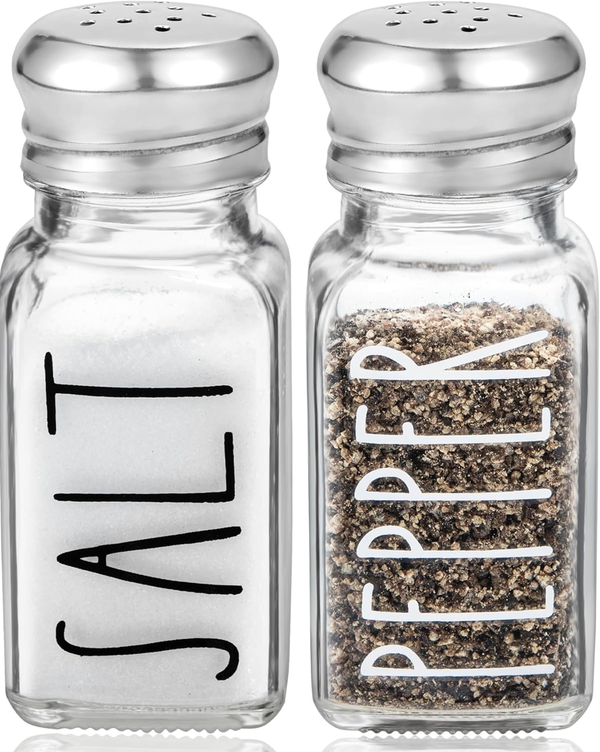 Clear Glass Salt and Pepper Shakers Set by Brighter Barns - Modern Kitchen Decor for Home Restaurant BBQ Camping RV - Farmhouse Kitchen Accessories - Glass Shakers & Stainless Steel Lids (Clear)