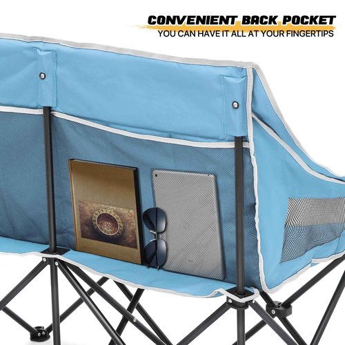 MoNiBloom Collapsible Double Camping Loveseat Chair Outdoor Beach Lawn Picnic Hiking Travel Portable Foldable Collapsible 2-Person Love Seat Camp Chair for Adults (Sky Blue and Light Gray)