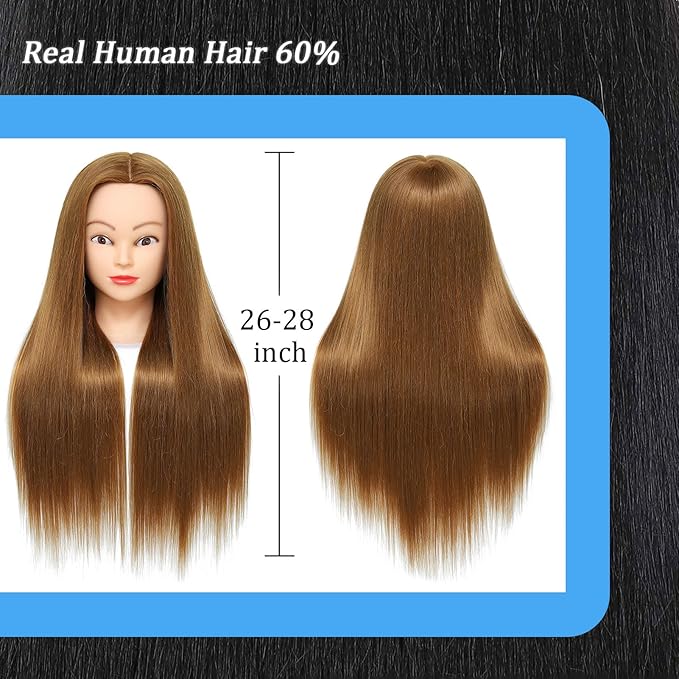 Mannequin Head Human Hair for Cosmetology, Manikin Head with 80% Real Hair for Styling Doll Head Braiding Practice Mannequin Heads Hairdresser Hairstylist Kids with Free Clamp Holder (Light Brown 27)