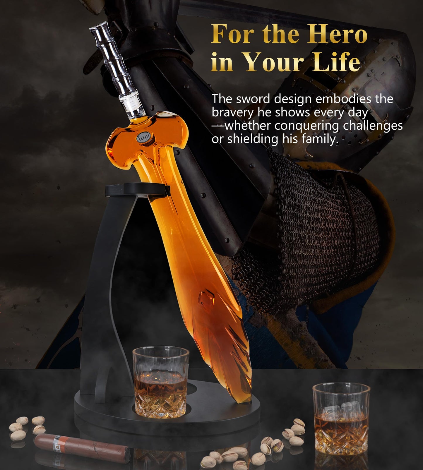 LUJII Heroic Sword Whiskey Decanter Set for Brave Hero, Liquor Dispenser with 2 Glasses & Wooden Tray, Alcohol Holder for Bourbon or Scotch, Gift for Men Husband Dad Boyfriend or Son, 850 ml