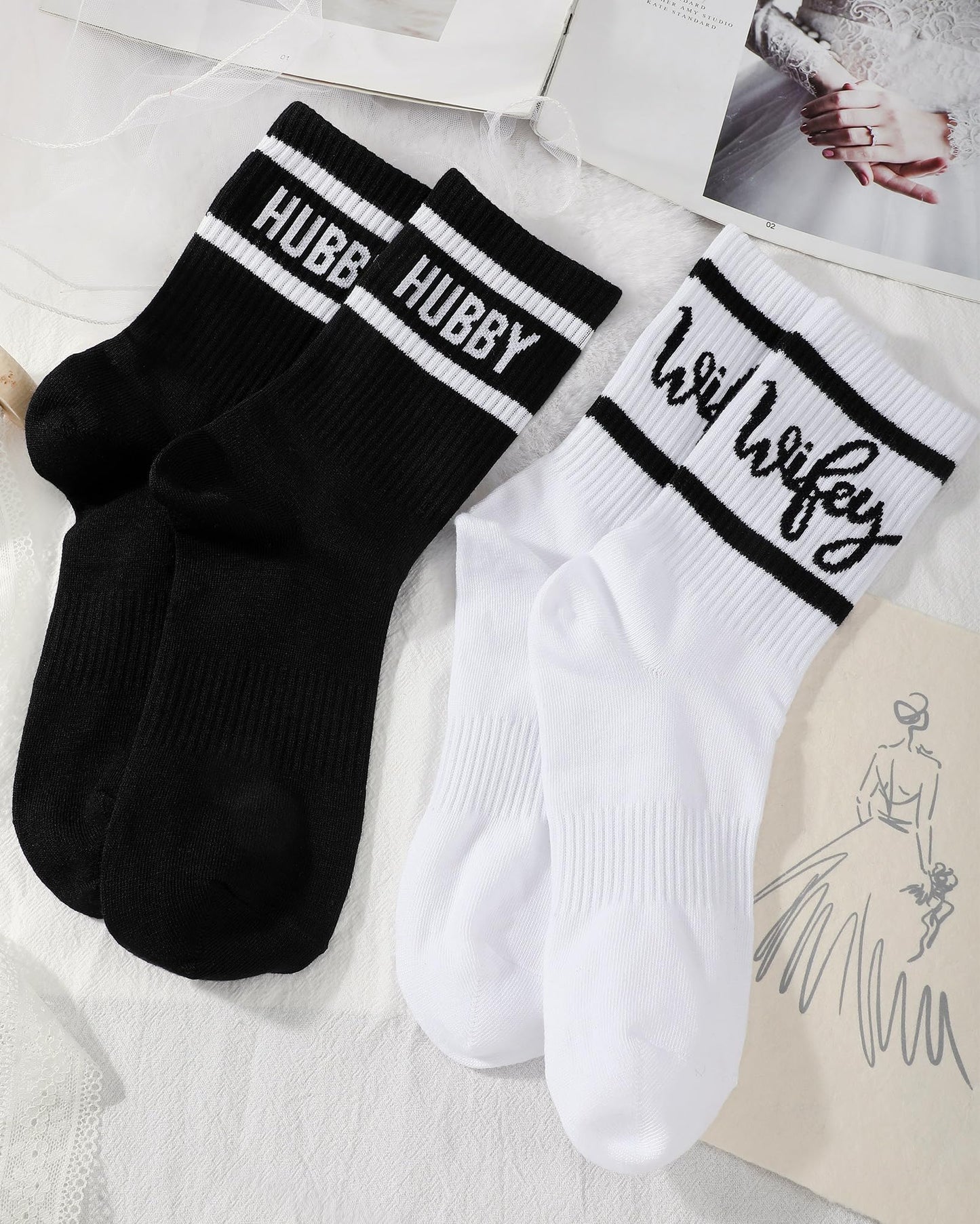 Shihanee 2 Pairs Wedding Gifts for Couples Wedding Crew Socks Bride and Groom Socks Mr and Mrs Gifts Engagement Favors(Wifey,Hubby)