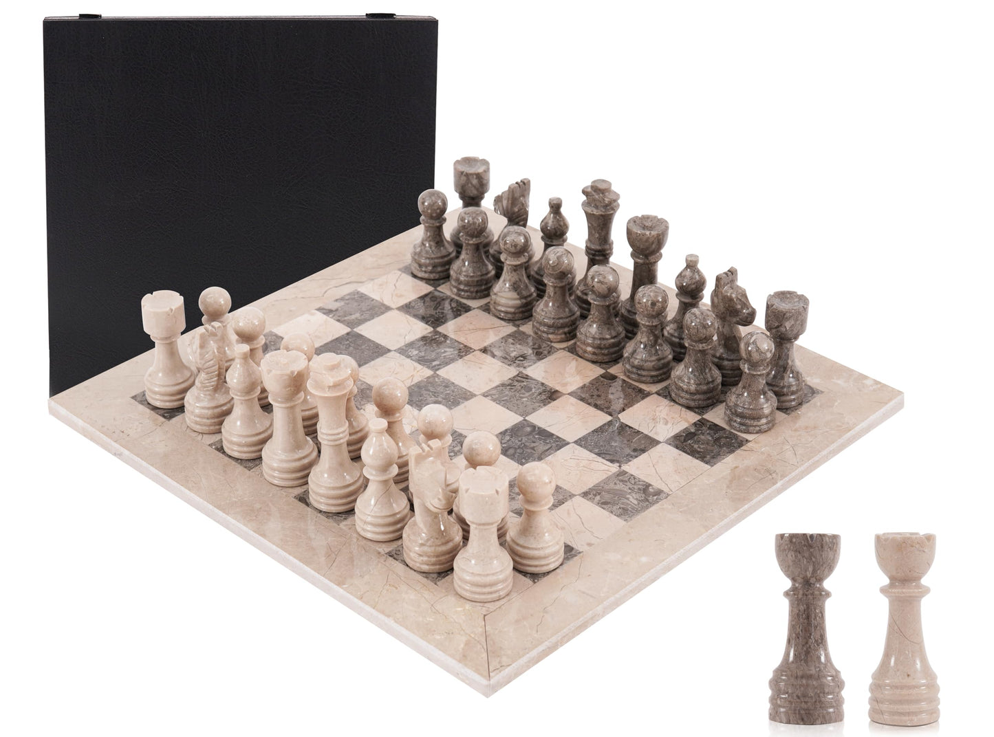 Marble Chess Set for Adults 15" Handmade Verona & Oceanic Board Game with 32 Chess Pieces, 2 Extra Queens & Storage Box, Luxury Travel Game – Elegant Home Décor