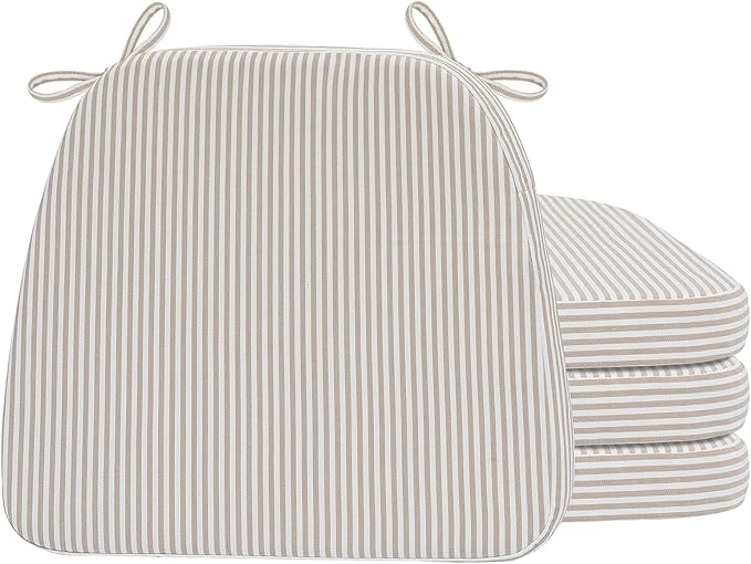 AAAAAcessories D-Shaped Chair Cushions, 17" x 16", Set of 4, 2" Thick Dining Chair Pads with Ties and Removable, Machine-Washable Cover, Pinstripe Taupe