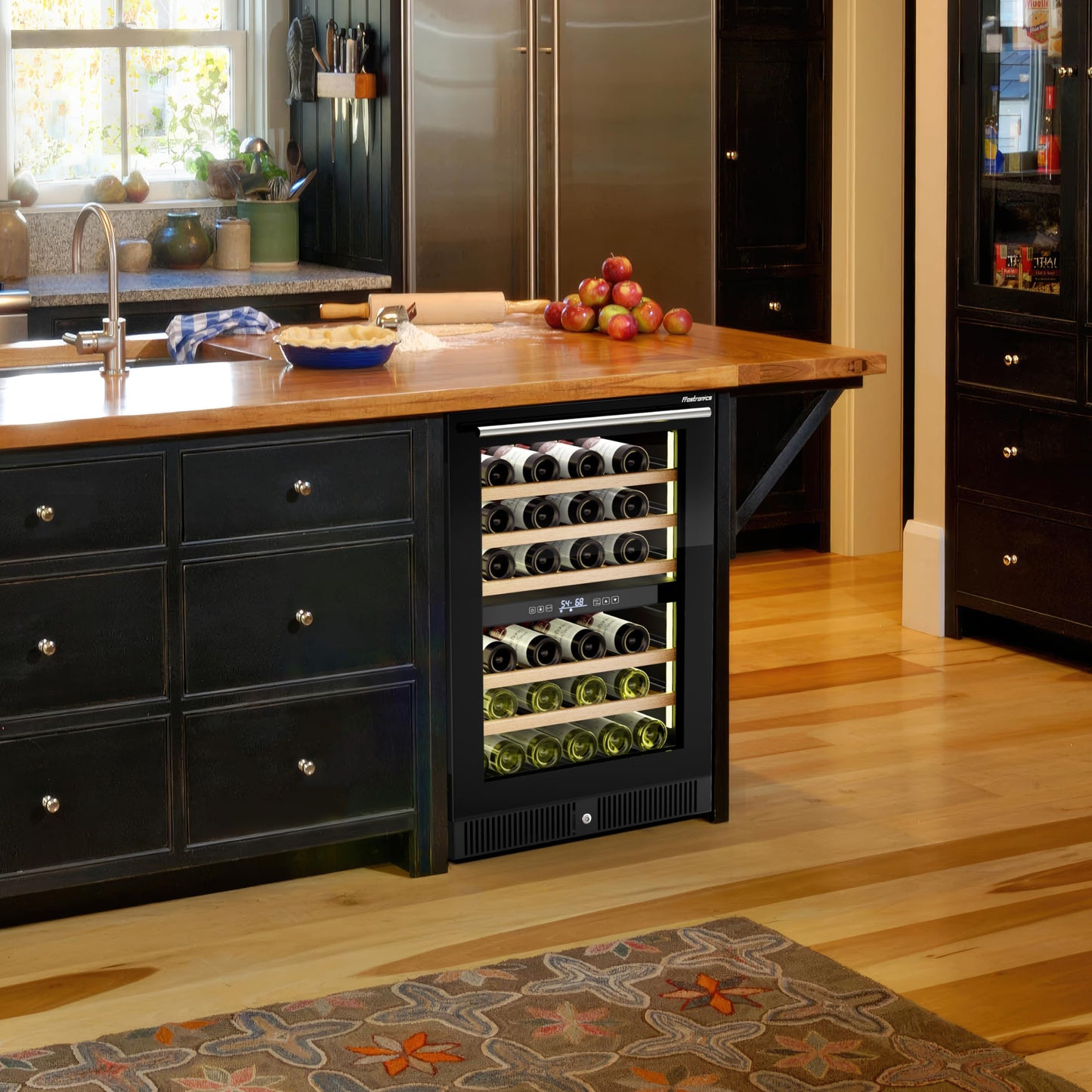Frostronics 24 Inch Dual Zone Wine Refrigerator, 51 Bottles Under Counter Built-In or Freestanding Wine Cellar, Wine Cooler with Quiet Compressor Cooling and Reversible Glass Door, Fits Large Bottle