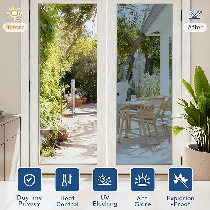 rabbitgoo Window Tint for Home One Way Privacy Window Film See Out Not in Heat UV Blocking Reflective Removable Static Cling Mirror Decorative House Glass Covering, Silver,29.5 Inch X 6.5 Feet