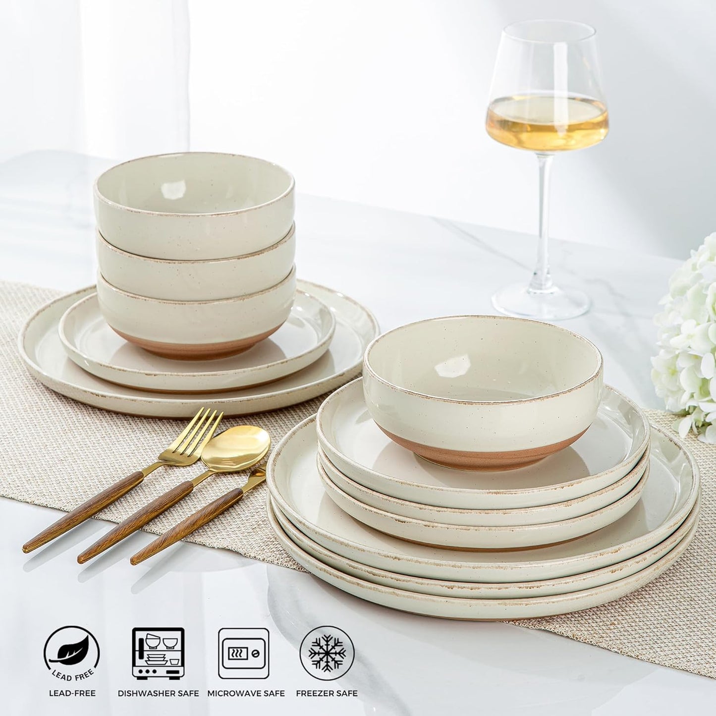 AmorArc Ceramic Dinnerware Sets with Pasta Bowls for 4, Handpainted Plates and Bowls Set with Rustic Terracotta Underside, Scratch Resistant Dishes Set, Dishwasher & Microwave Safe, 16 Pcs