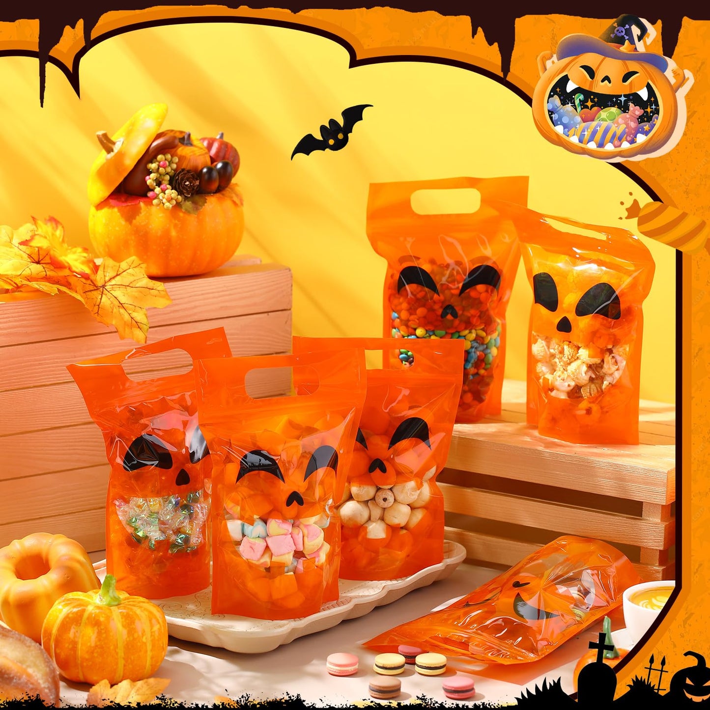 Blosssound 50 Pcs Halloween Plastic Bags Trick or Treat Sealed Bags with Handles Pumpkin Favor Pouches for Home Trick or Treat Party Candy Guests Gift Wrapping Supplies Decor (Halloween)