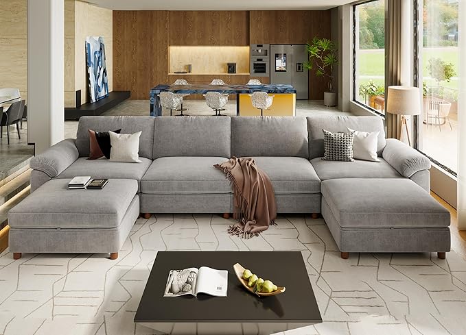 SITJOY 149" Oversized Sectional Couches for Living Room, Extra Large Deep Seat Modular Sofa with Washable Covers, 4 Seater U Shaped Couch with Chaise, Storage Ottoman, Chenille in Light Gray