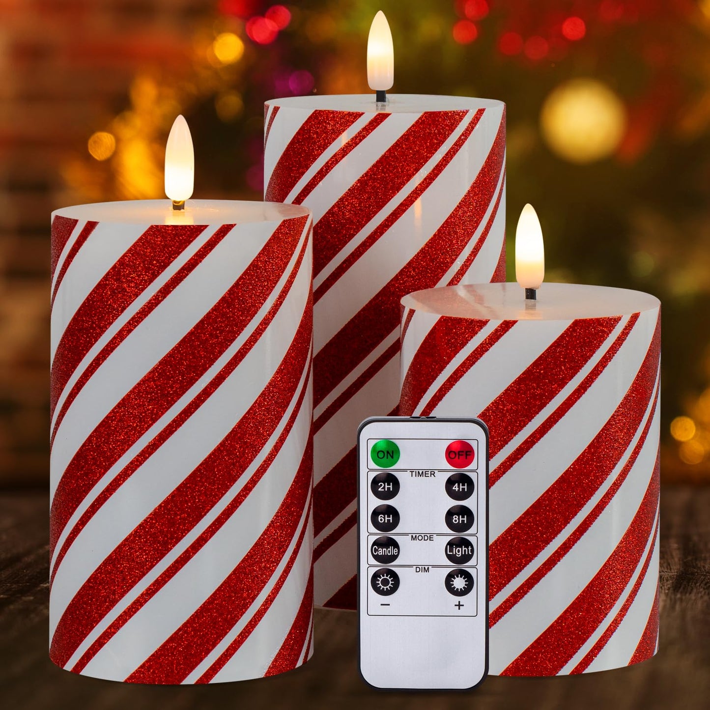 Yongmao Red Stripe Flameless Pillar Candles with Timer, Real Wax Flickering Battery Operated Candles for Christmas Holiday Home