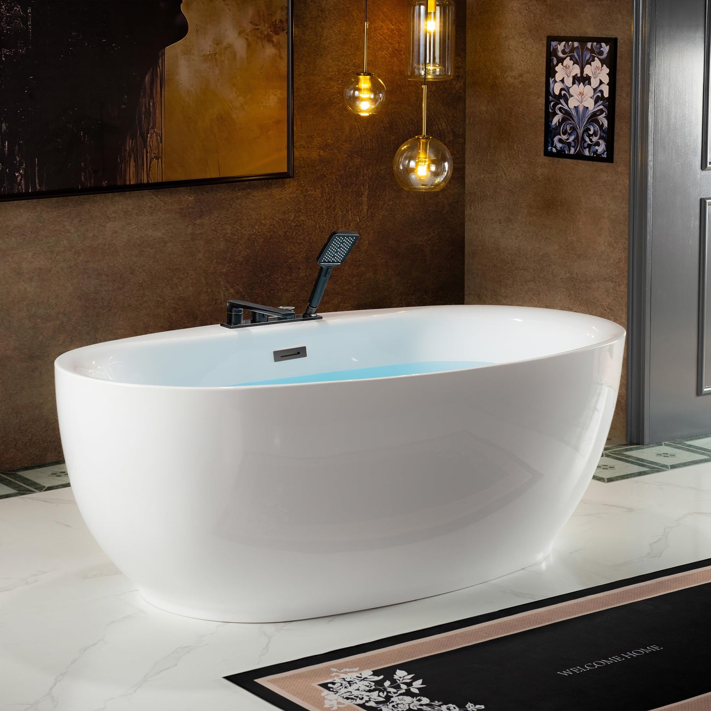 WOODBRIDGE 66" Acrylic Freestanding Bathtub Contemporary Soaking White Tub with F0044 Deck-Mount Faucet in Oil Rubbed Bronze