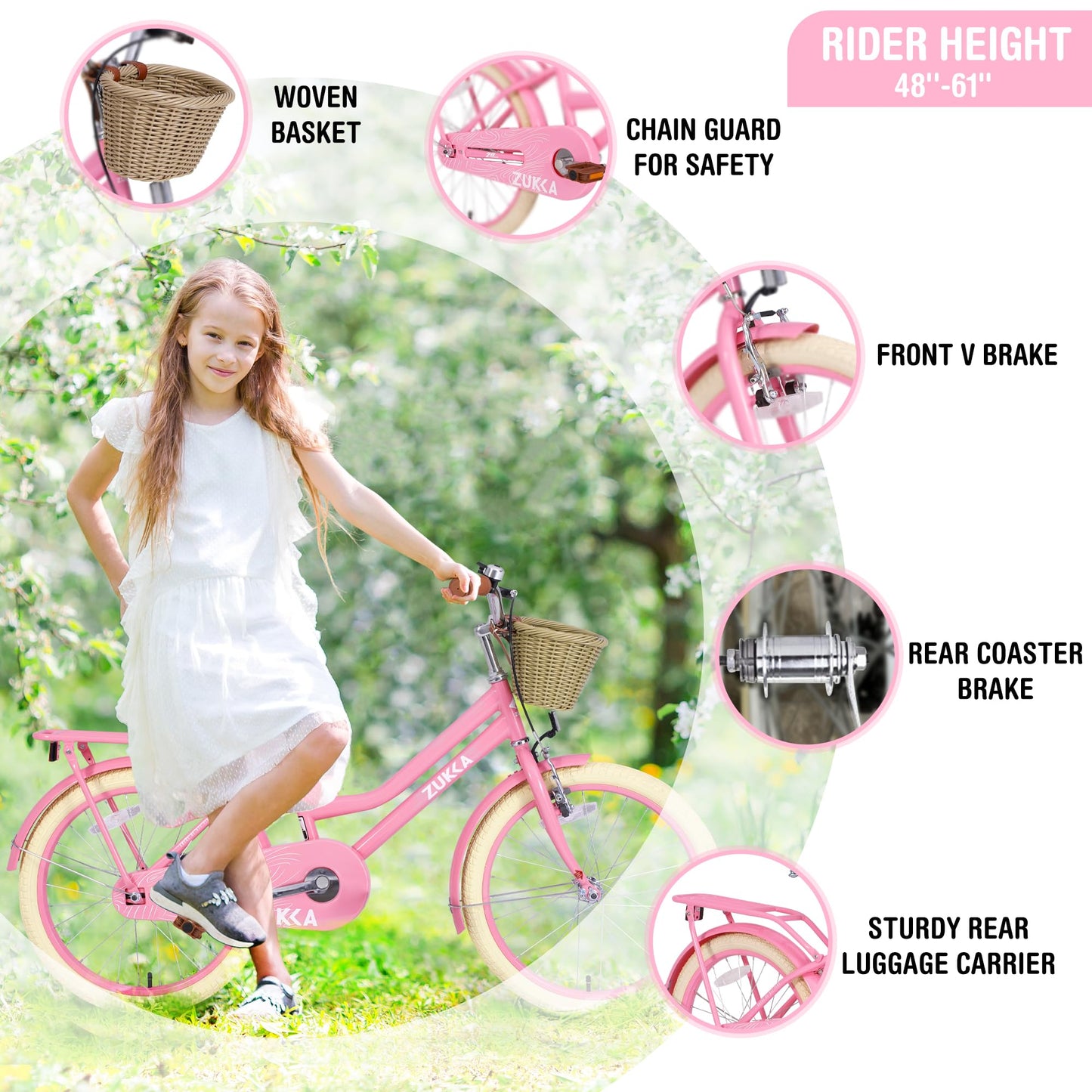 BALINGE 20" Inch Girls Cruiser Bike Single-Speed Hybrid City Bicycle for Youth Over 7 Years Old with Wicker Basket & Rear Rack，Kids Cycle Bikes，Lightweight, Hand Brake&Pedal Brake，Light Pink