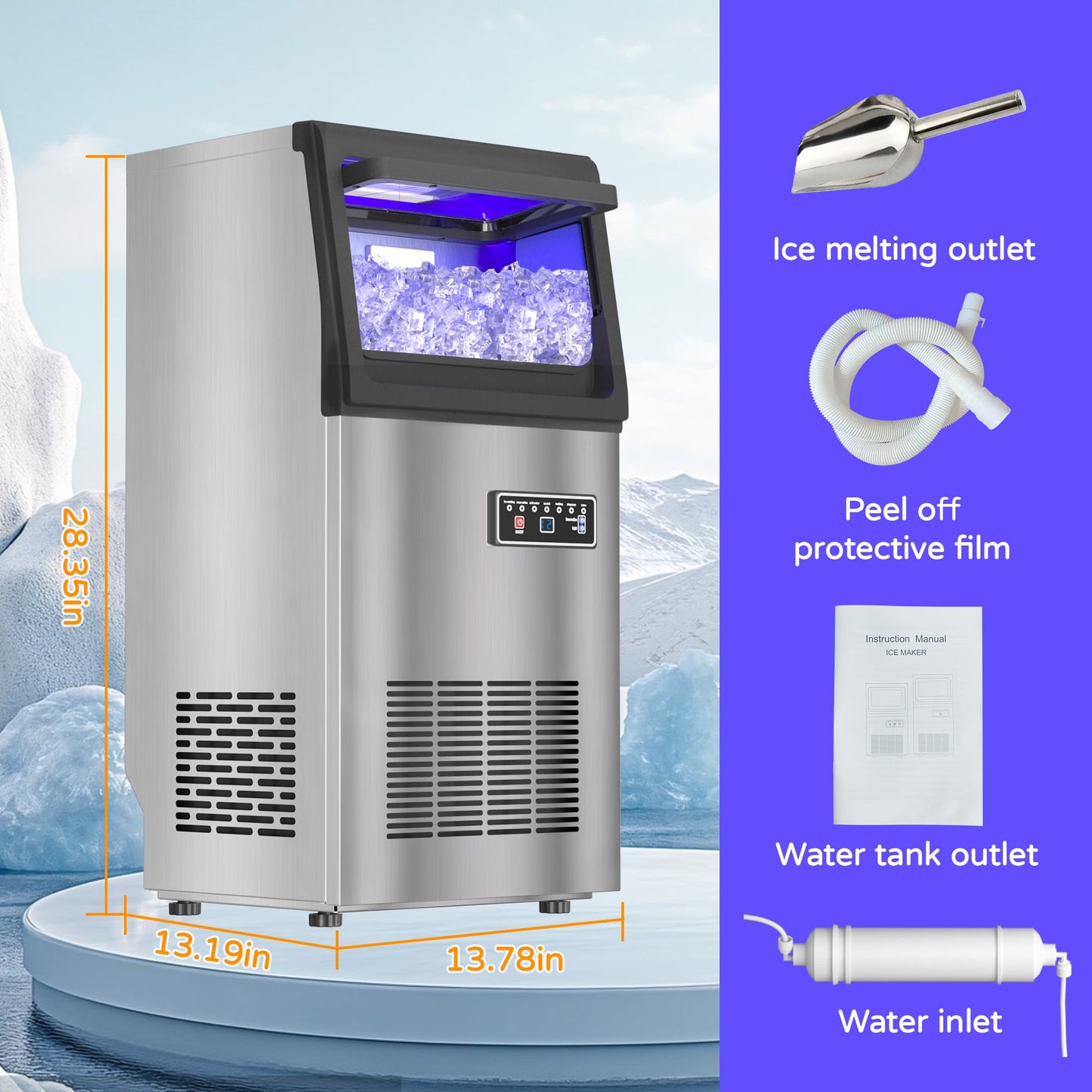 Commercial Nugget Ice Maker 80Lbs/24H with 20Lbs Storage, Stainless Steel Pellet Ice Machine, Ready in 10-15 Mins, Self-Cleaning for Office & Home Restaurants Bars