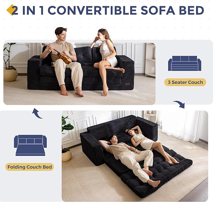 MAXYOYO Convertible Sofa Bed, Pull Out 3 Seater Sleeper Sofa, 2 in 1 Folding Couch Bed, Fold Out Floor Couch with Pillows for Living Room Bedroom Lounge, Black