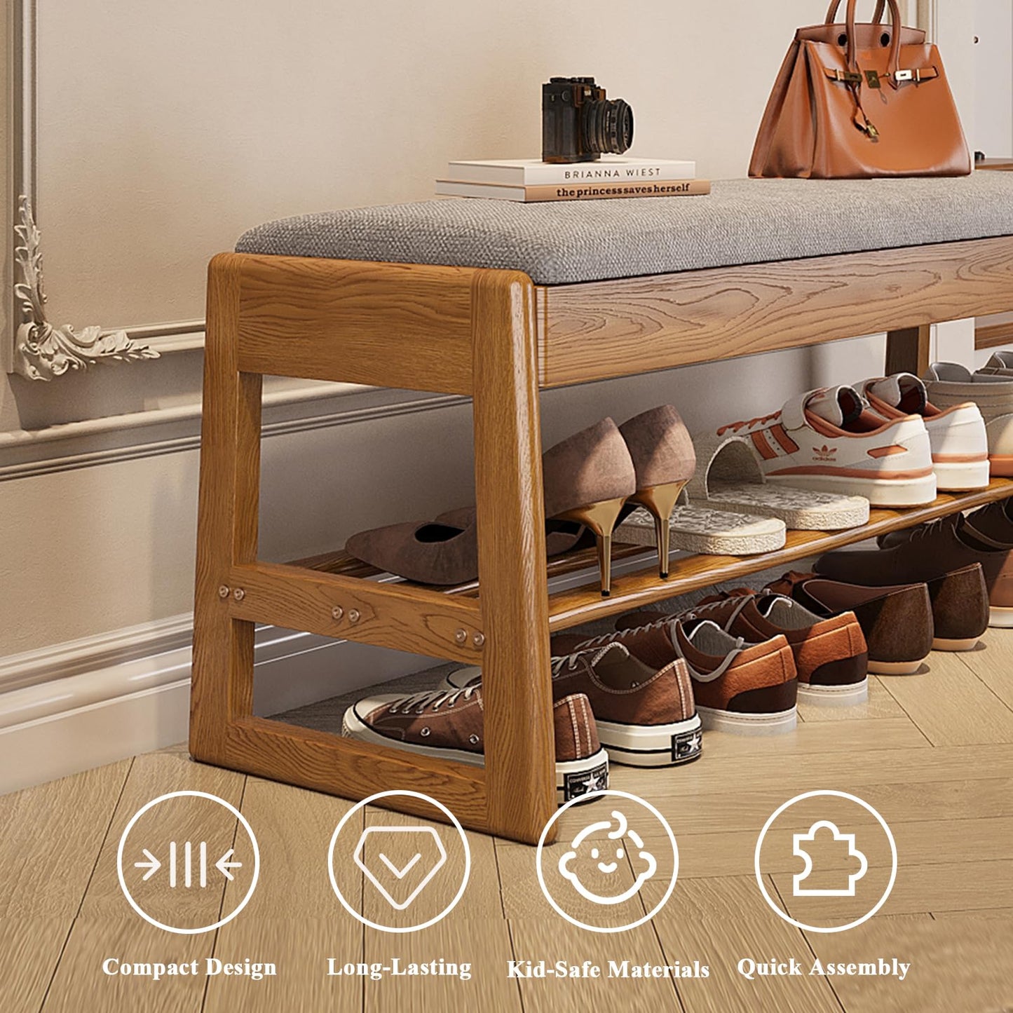 IUNVR Shoe Rack Bench with Cotton-Linen Cushion 2-Tier Wooden Storage Bench 550lbs Compact Simple & Modern Design for Entryway, Hallway, Bedroom, Living Room, Closet, Front Door Entrance, Foyer