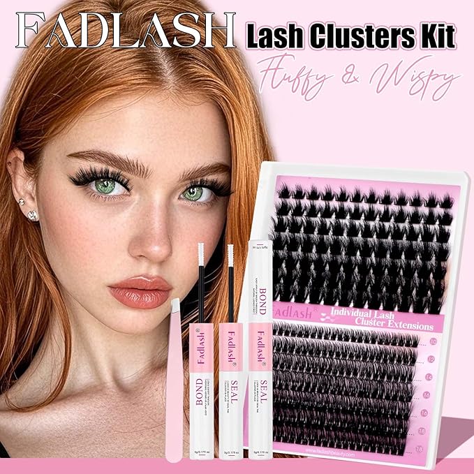 FADLASH Lash Extension Kit Lash Clusters Kit 10-18mm Eyelash Cluster Lashes with Lash Bond and Seal Lash Tweezers DIY at Home (KLS242+CLS015-07D-10-18 Kit)