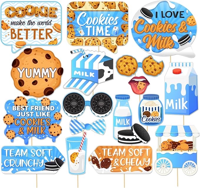 Cookies Milk Photo Booth Props, Sweet Cookie Theme Baby Shower Chocolate Birthday Decoration Tea Party Supplies 17Pcs Blue