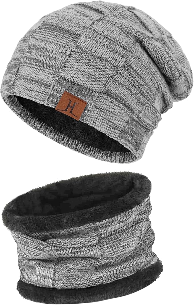 Mens Winter Beanie Hats Scarf Set Warm Knit Skull Cap Neck Warmer with Fleece Lined Winter Hat for Women