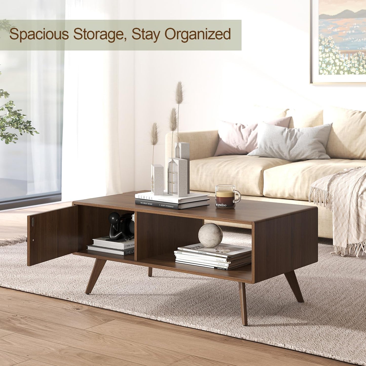 Manora Mid Century Modern Coffee Table with Storage Cabinet and Open Shelf, Wooden Living Room Table with Fluted Drawer and Solid Wood Legs, Walnut Finish Center Table for Small Spaces