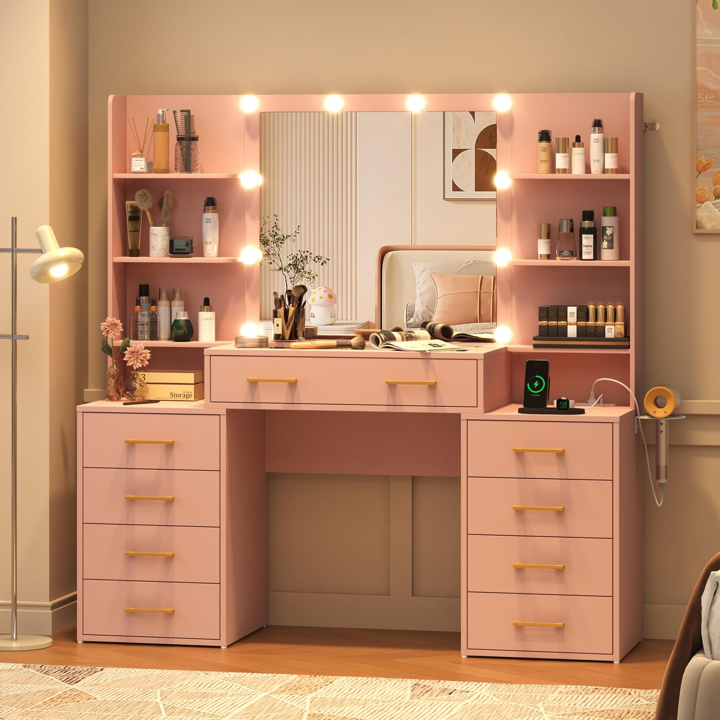 jiteentarou 55 in Glass Top Vanity Desk with Mirror and Lights, Large Vanity Makeup Mirror Desk with Charging Station Compartment Storage Drawers, Modern Makeup Vanity with 9 Drawers 6 Shelves, Pink
