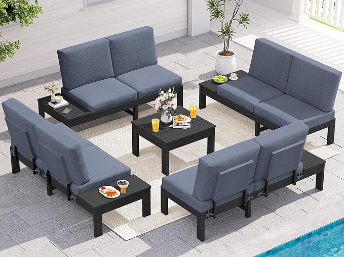 SERWALL HDPE Patio Furniture Set, 8 Seats Outdoor Sectional with Coffee Table, Outdoor Conversation Sets with Adjustable Backrest Sofa for Garden, Poolside, Black Frame with Grey Cushion