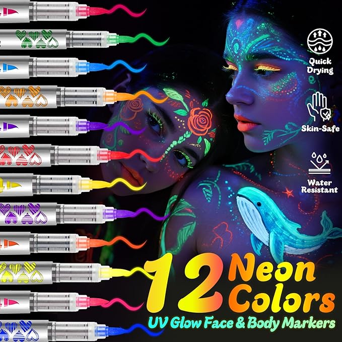 UV Neon Face Paint Markers 12 Colors, Glow in the Dark Body Paint under Black Light, Washable Temporary Tattoo Markers for Christmas Gifts Stocking Stuffers Glow Party Favors Halloween Makeup
